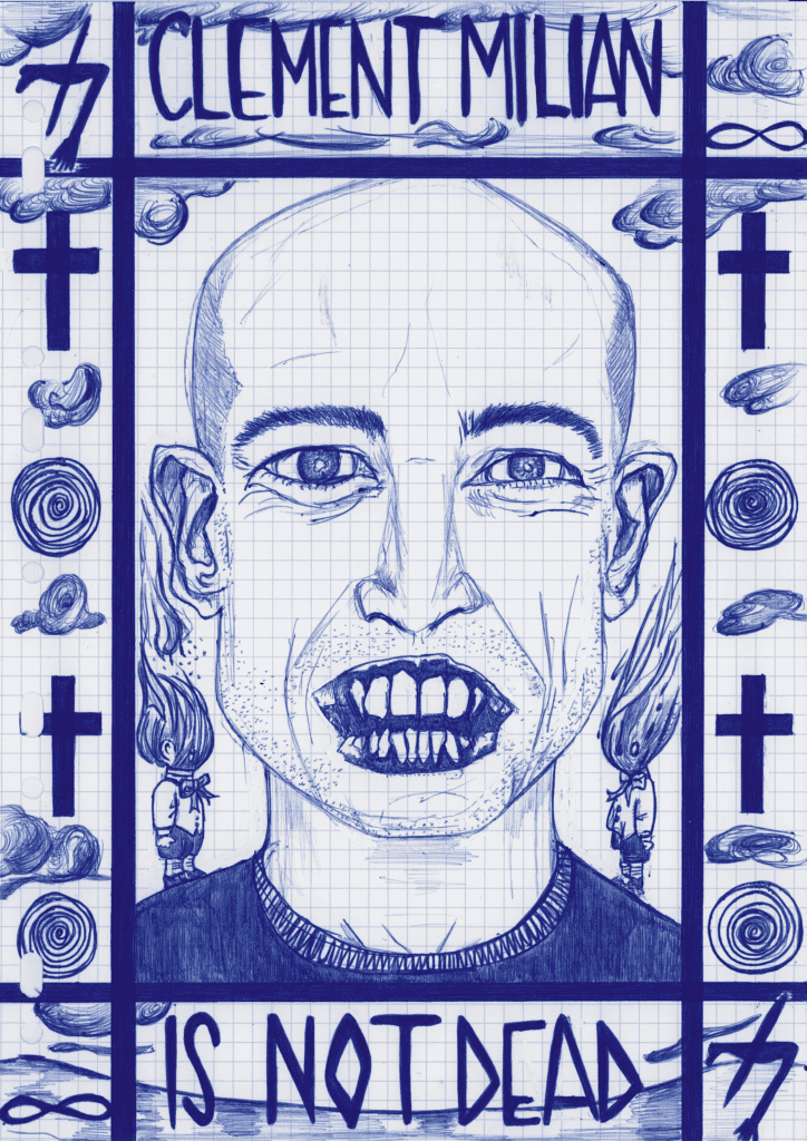 Portrait au Bic bleu de Clément Milian réalisé par l'artiste Claire von Corda, encadré par des crucifix, des spirales. Il a de petits personnages avec la tête enflammée sur ses épaules.