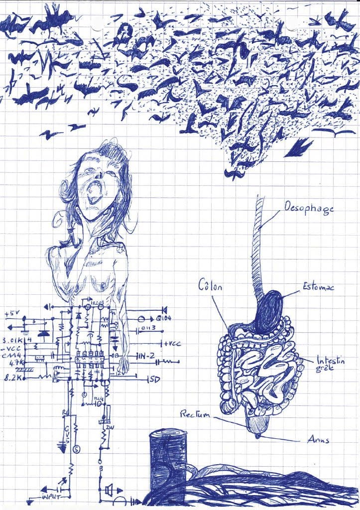Dessin sur papier quadrillé associant une figure criant au corps intégré à un schéma électronique, une volée d'oiseaux et une illustration anatomique du système digestif.