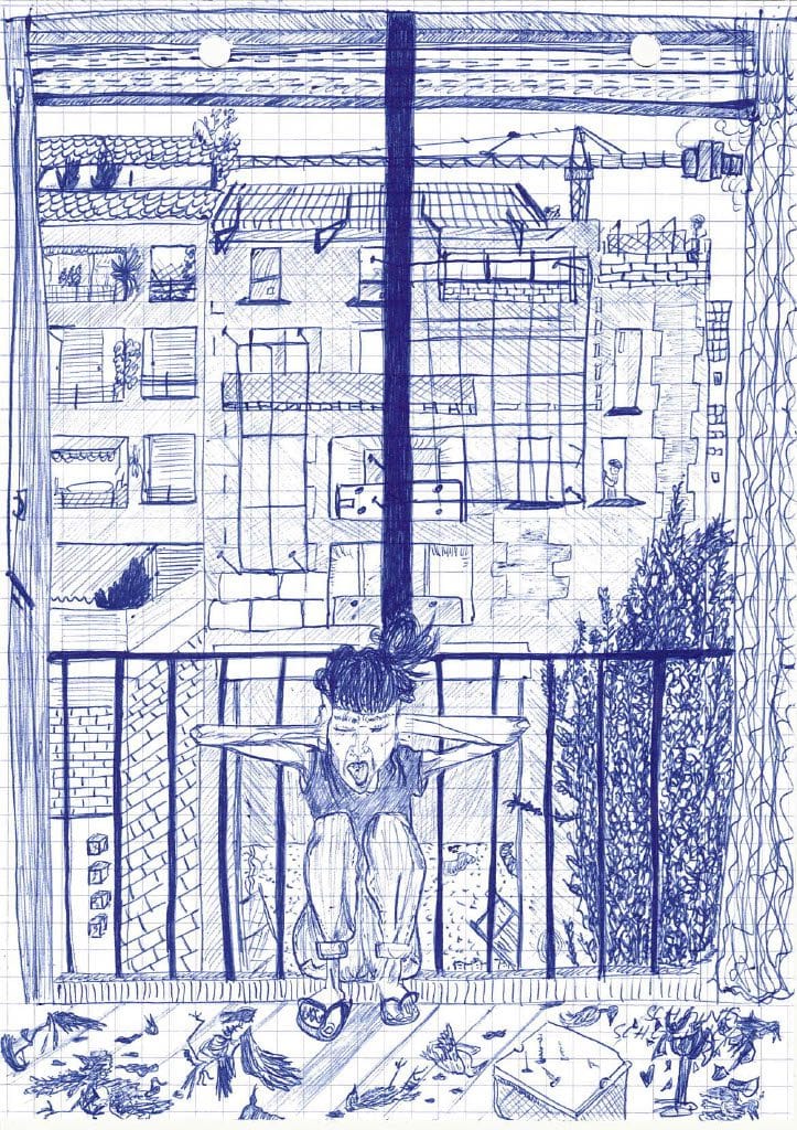Illustration au stylo bille d'un personnage accroupi se bouchant les oreilles au balcon d'un immeuble, avec des oiseaux morts éparpillés au sol.