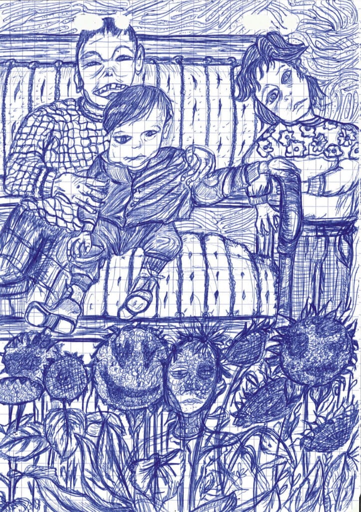 Dessin au stylo bille bleu sur papier quadrillé représentant trois figures humaines assises sur un canapé derrière un champ de tournesols aux visages expressifs.