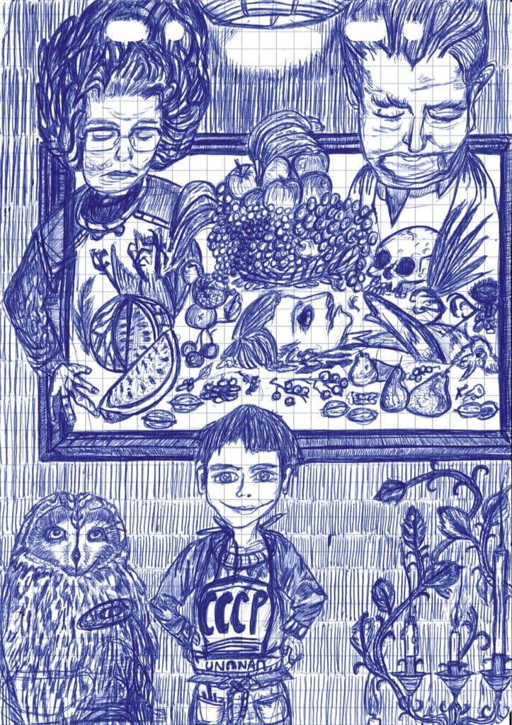 Illustration au stylo bille bleu montrant un enfant au t-shirt CCCP devant un tableau de nature morte entouré de figures, d'une chouette et d'un candélabre.