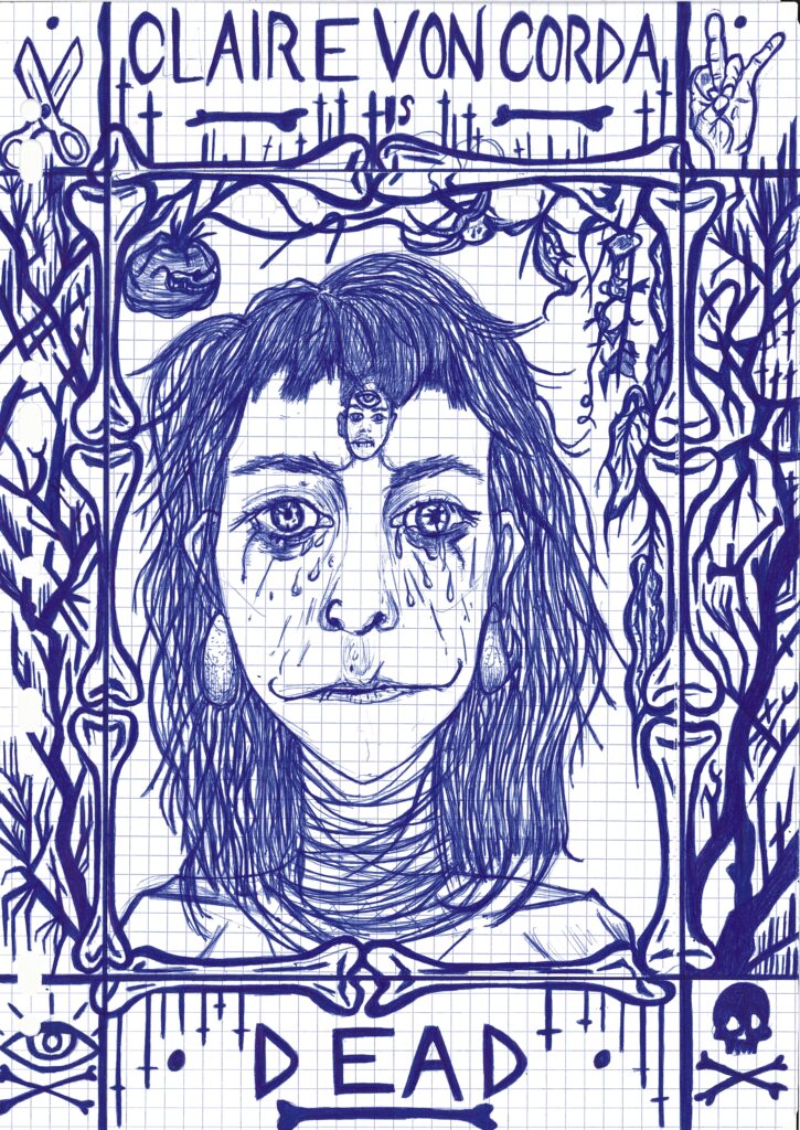 Autoportrait au stylo bille bleu de Claire Von Corda, encadré d'ossements et de motifs gothiques avec la mention DEAD au bas.