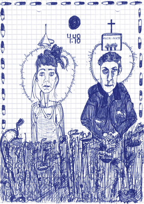 Illustration au stylo bille de deux personnages stylisés côte à côte au-dessus d'un champ d'herbes, encadrée par un motif de gélules et une horloge marquant 4:48.