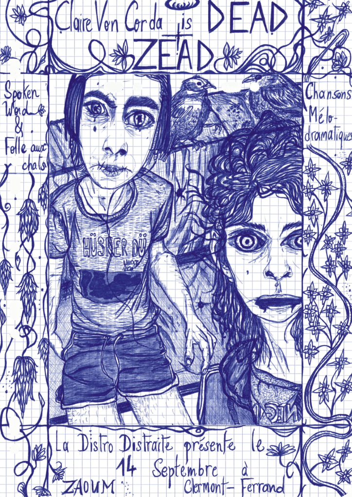 Affiche illustrée au stylo bille pour un concert de Claire Von Corda et Zead à Zaoum Clermont-Ferrand, représentant deux personnages sous un cadre végétal.