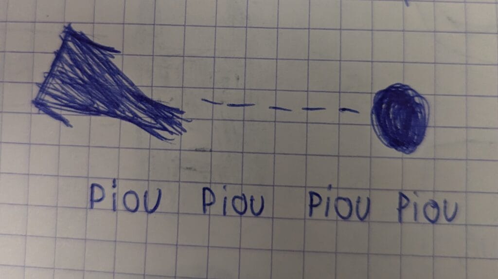 Dessin enfantin de deux vaisseaux spatiaux qui se tirent dessus en faisant "piou piou piou piou".