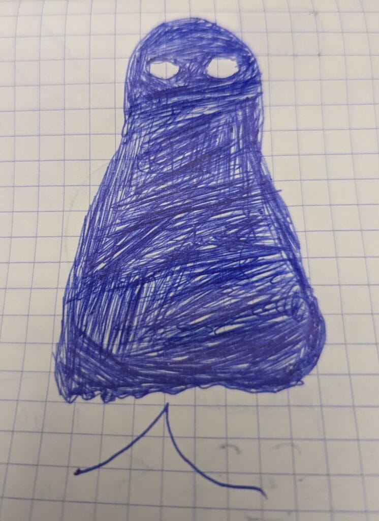 Dessin au Bic bleu d'un fantôme censé être noir, avec deux gros yeux, et un trait en dessous qui représente le son parti dans les aigües puis revenu dans les graves, entendu lors de la scène décrite.